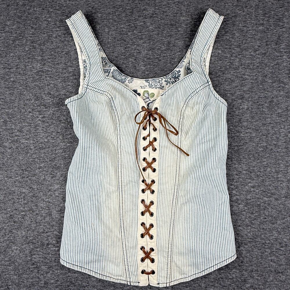 GUESS Denim Lace-Up Corset Bustier Top Size Small Y2K Pinstripe Floral
